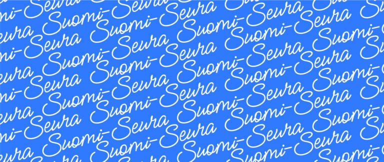 Sininen tausta, johon on toistuvasti kirjoitettu valkoisella, kauniilla kaunokirjoituksella sanoja Suomi-Seura.