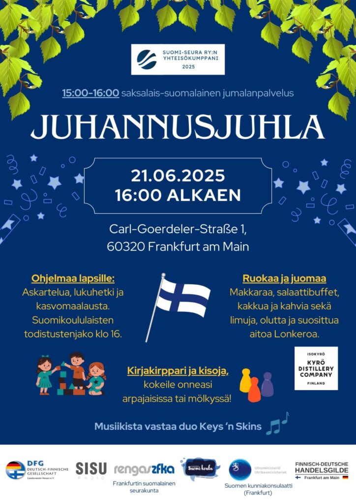 Mainos Juhannusjuhlasta Frankfurtissa 21.6.2025 – ohjelmassa mm. askartelua, ruokaa, musiikkia, kasvomaalausta ja mölkkyä.