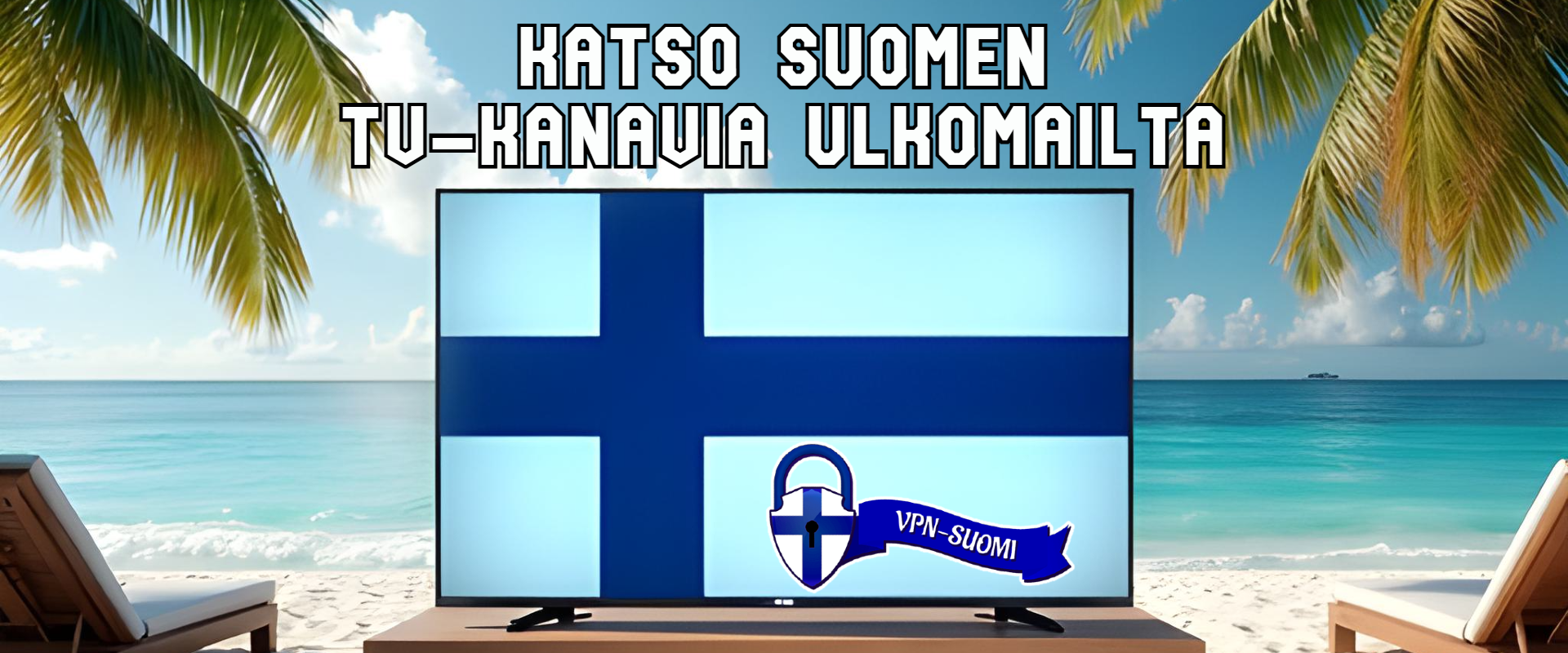 Hiekkaranta, jossa aurinkotuolit ja pöytä, jolla tv. Television ruudulla Suomen lippu ja teksti VPN-Suomi. Kuvan yläreunassa lukee isolla: Katso Suomen tv-kanavia ulkomailla.
