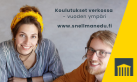 Kaksi hymyilevää nuorta henkilöä ja teksti: Koulutuksen verkossa vuoden ympäri snellmanedu.fi.