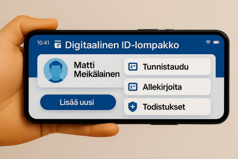 Piirroskuva puhelimesta, jossa lyhyttukkaisen henkilön kasvo, ja tekstit: Matti Meikälainen, Tunnistaudu, Allekirjoita, Todistukset, Lisää uusi.