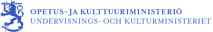 Leijonamerkki vasemmalla ja oikealla teksti OPETUS JA KULTTUURIMINISTERIÖ UNDERVISNINGS OCH KULTURMINISTERIET