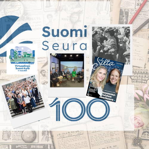 Suomi-Seuran 100-vuotisjuhlavuoden kollaasi, jossa näkyvät Suomi-Seuran logo, 100-vuotisjuhlatunnus, historiallisia asiakirjoja sekä valokuvia ja julkaisuja eri vuosikymmeniltä. Kuvitus esittelee järjestön toimintaa, tapahtumia ja historiaa vuosina 1927–2027.